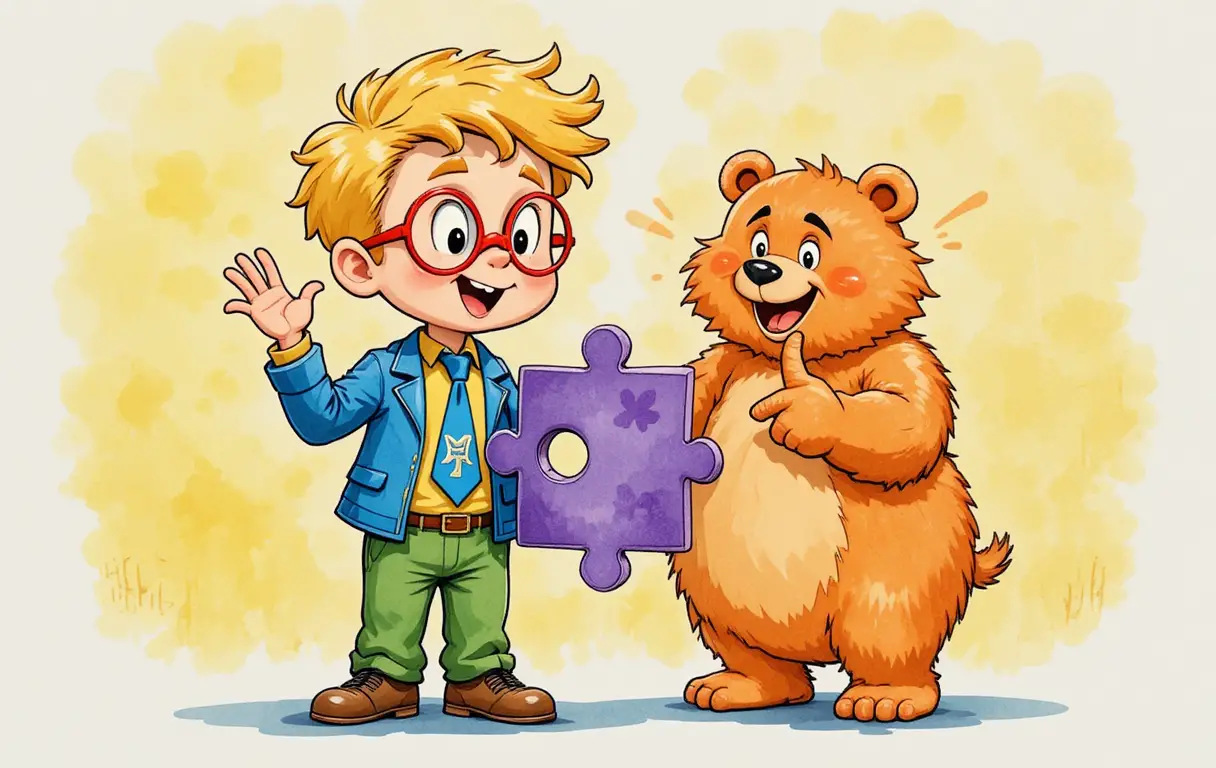 Ragazzo con pezzo di puzzle e orso arancione in stile cartoon