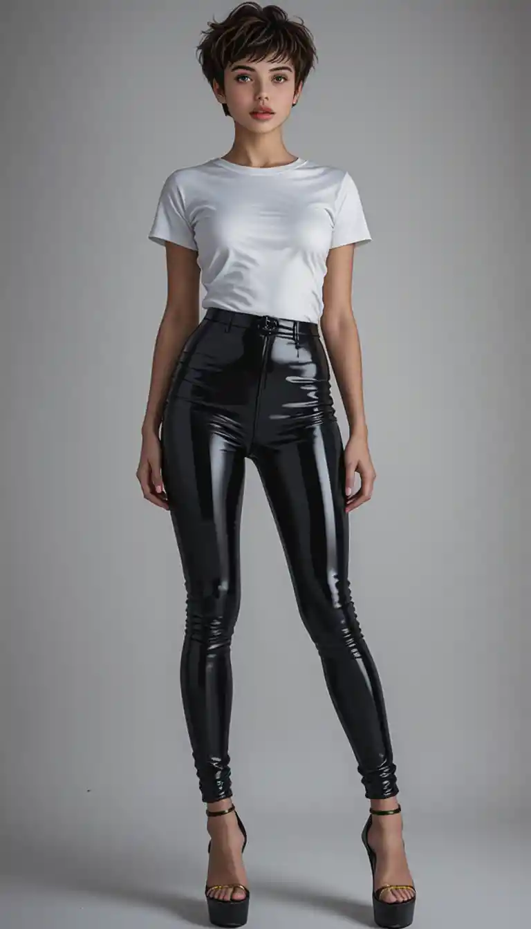 Donna a figura intera con t‑shirt bianca e leggings neri