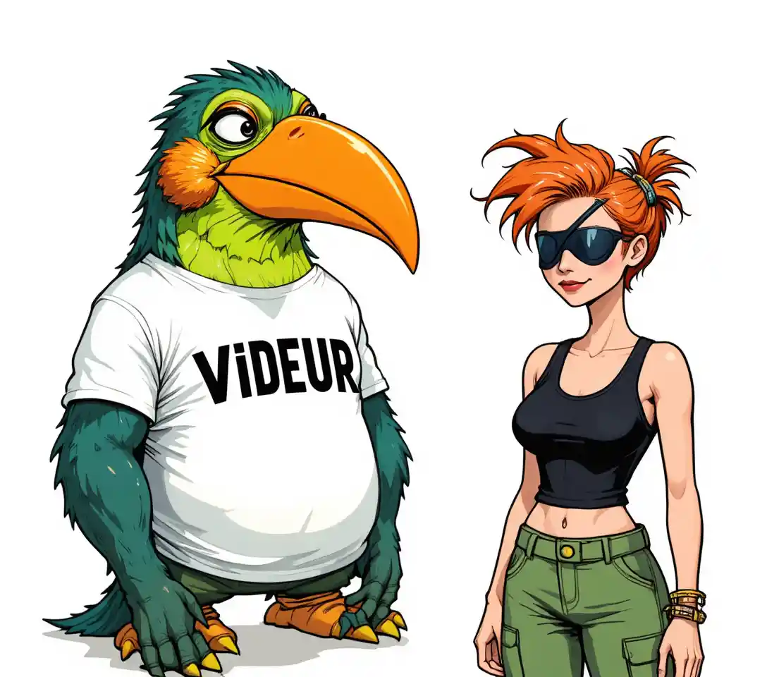 Donna cartoon con benda sull’occhio di fronte a bizzarra creatura verde