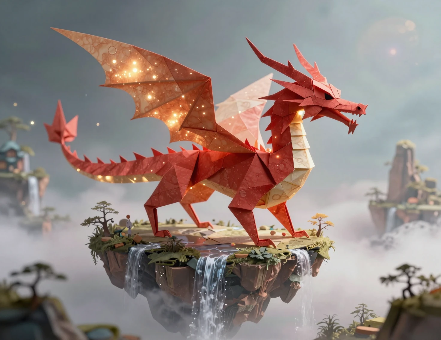 Drago rosso di origami che vola sopra isole fluttuanti mistiche