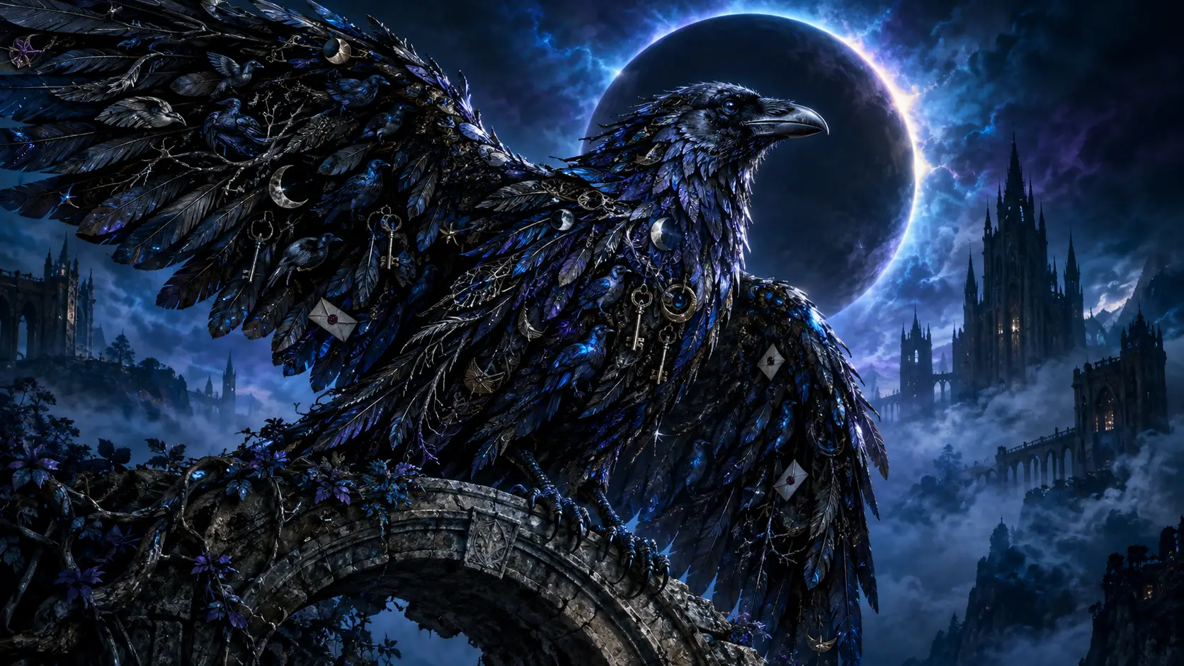 Raven on ancient stone arch beneath a vast eclipse
