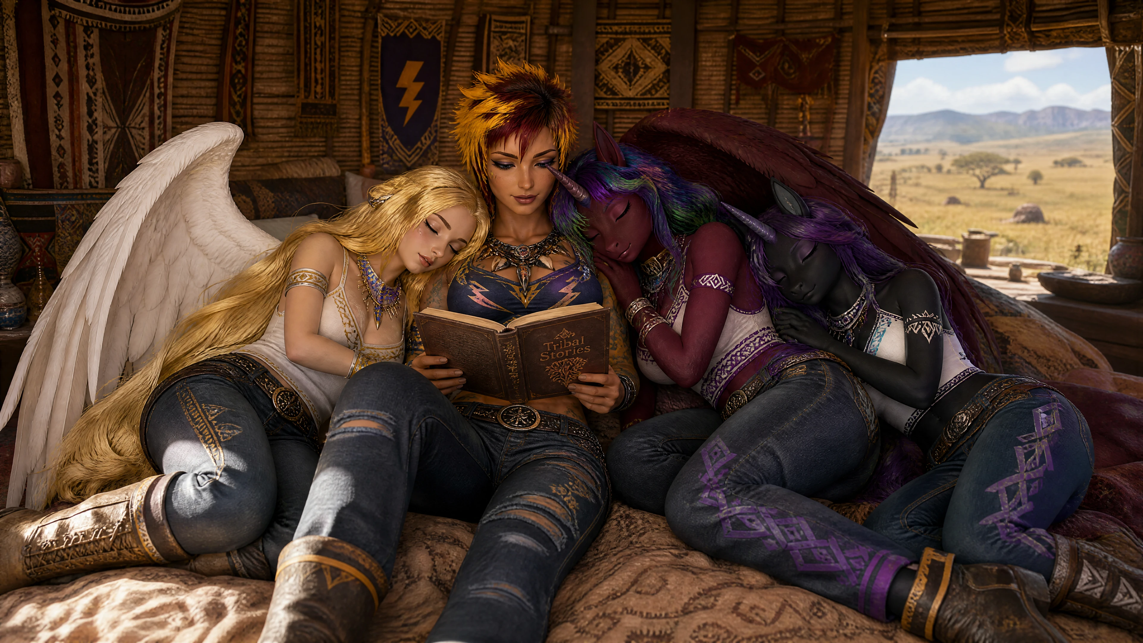 Femmes fantastiques se reposant ensemble dans une hutte tribale