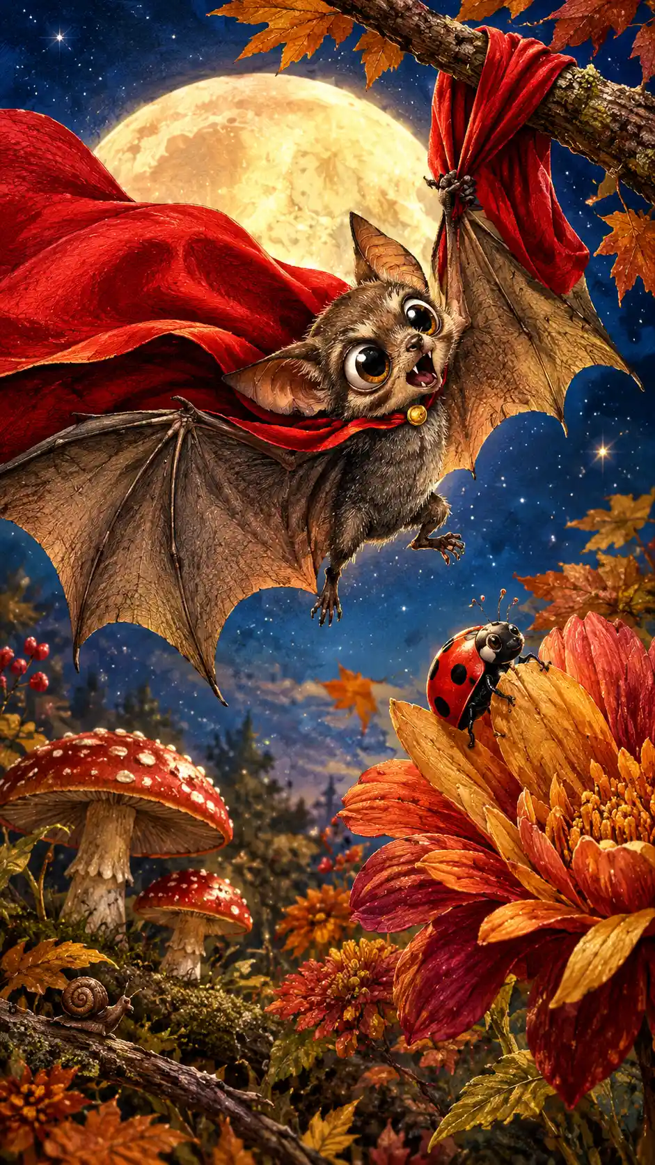 Tiny caped bat hero rescuing a ladybug by moonlight