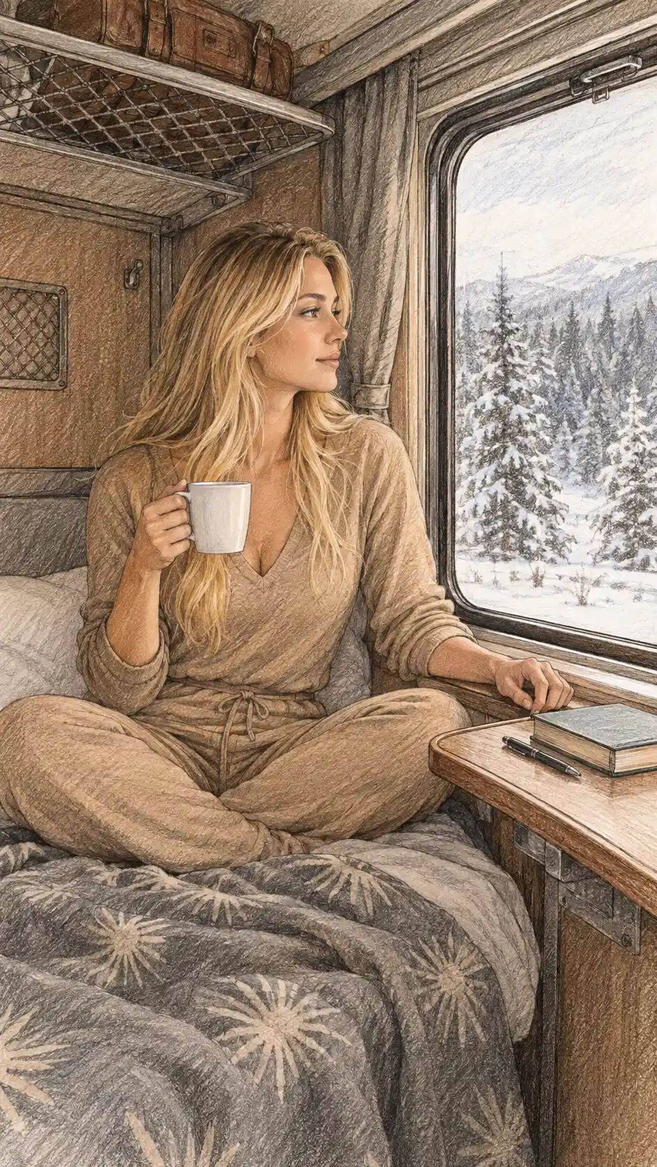 Jeune femme avec une tasse de café sur un lit de train au style croquis