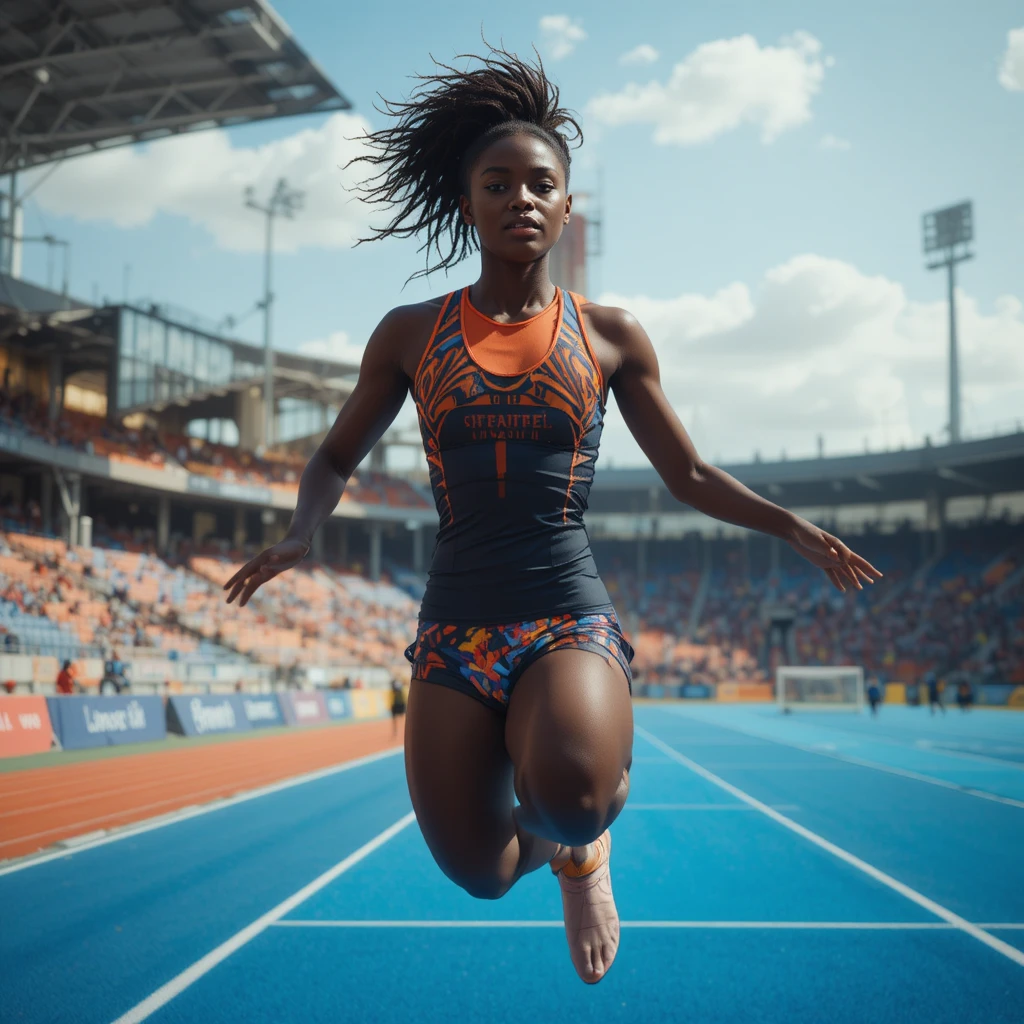 Atleta donna posa per i fotografi sportivi durante un salto