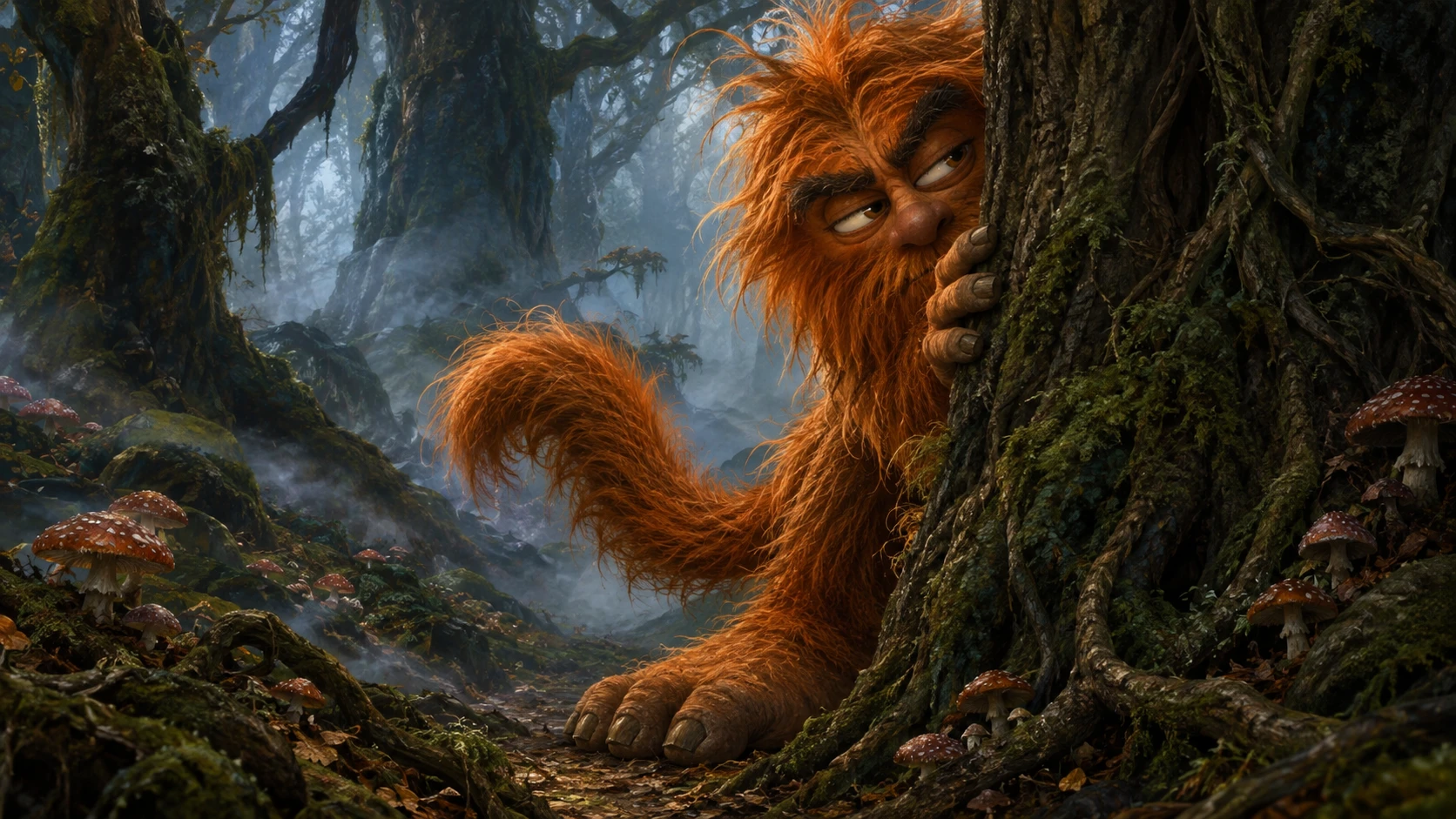 Shaggy Orange Forest Creature Peeking From A Giant Tree