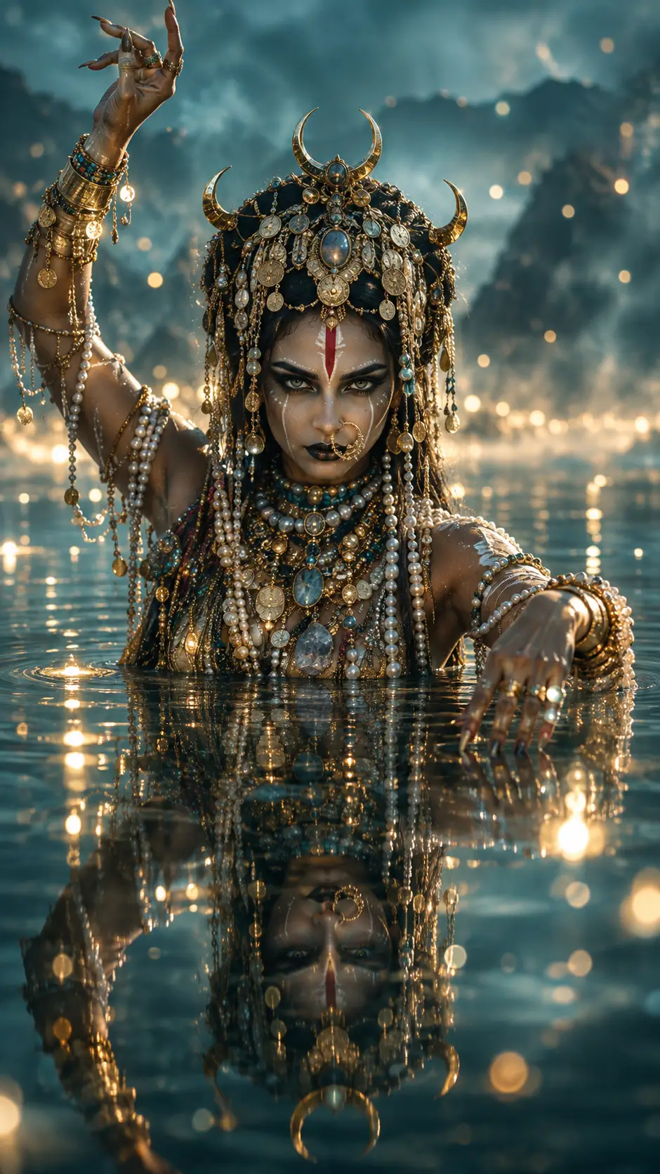 Regina tribale mistica che danza sopra un lago primordiale immobile