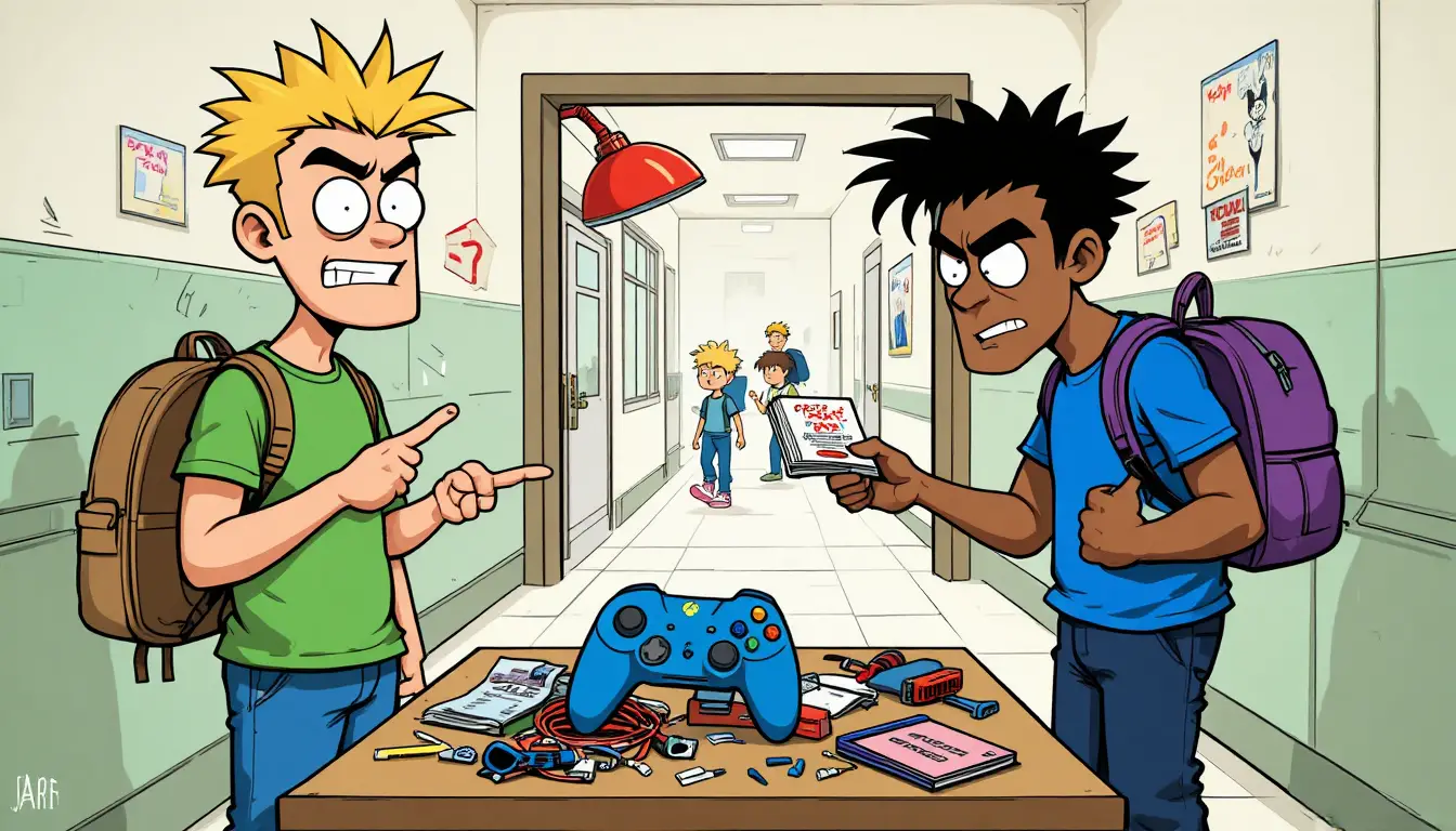 Cartoon di due uomini che riparano un controller di gioco su un banco ingombro
