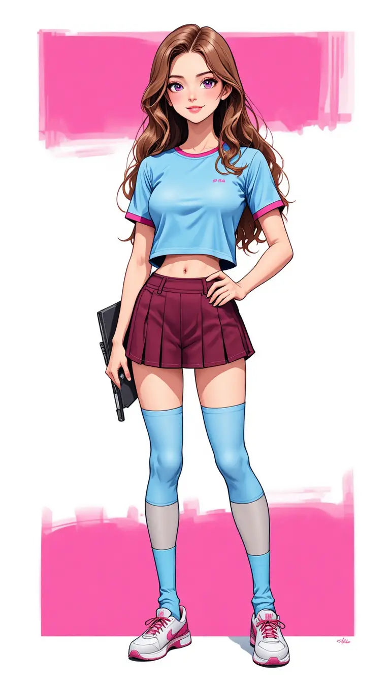 Ragazza anime con laptop in outfit sportivo casual