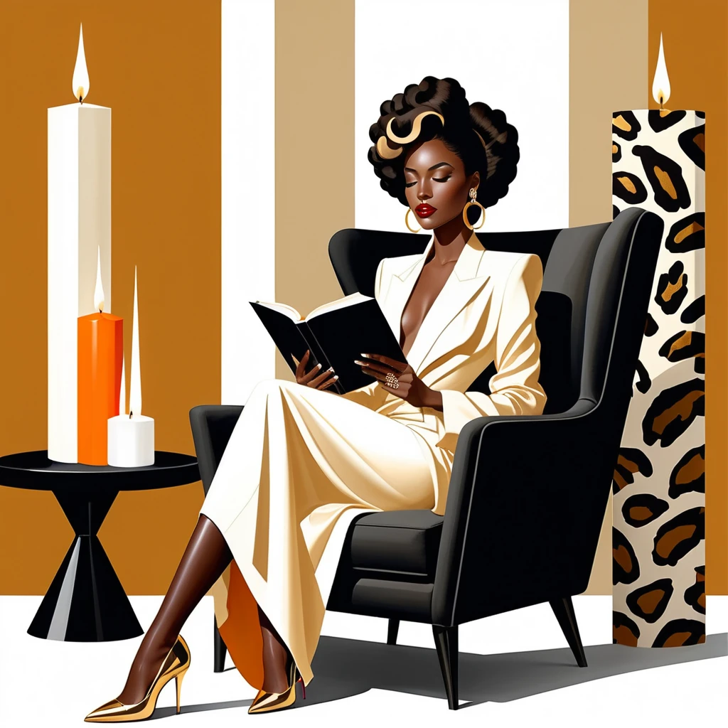 Elegante mulher negra lendo em interior art déco