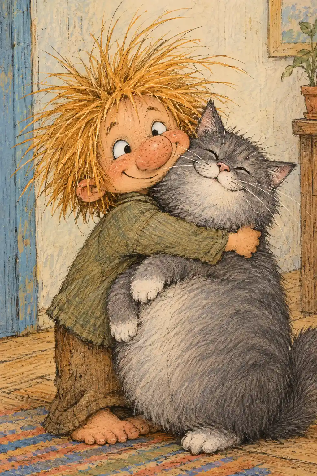 Funny shaggy little character hugging a chubby gray cat
