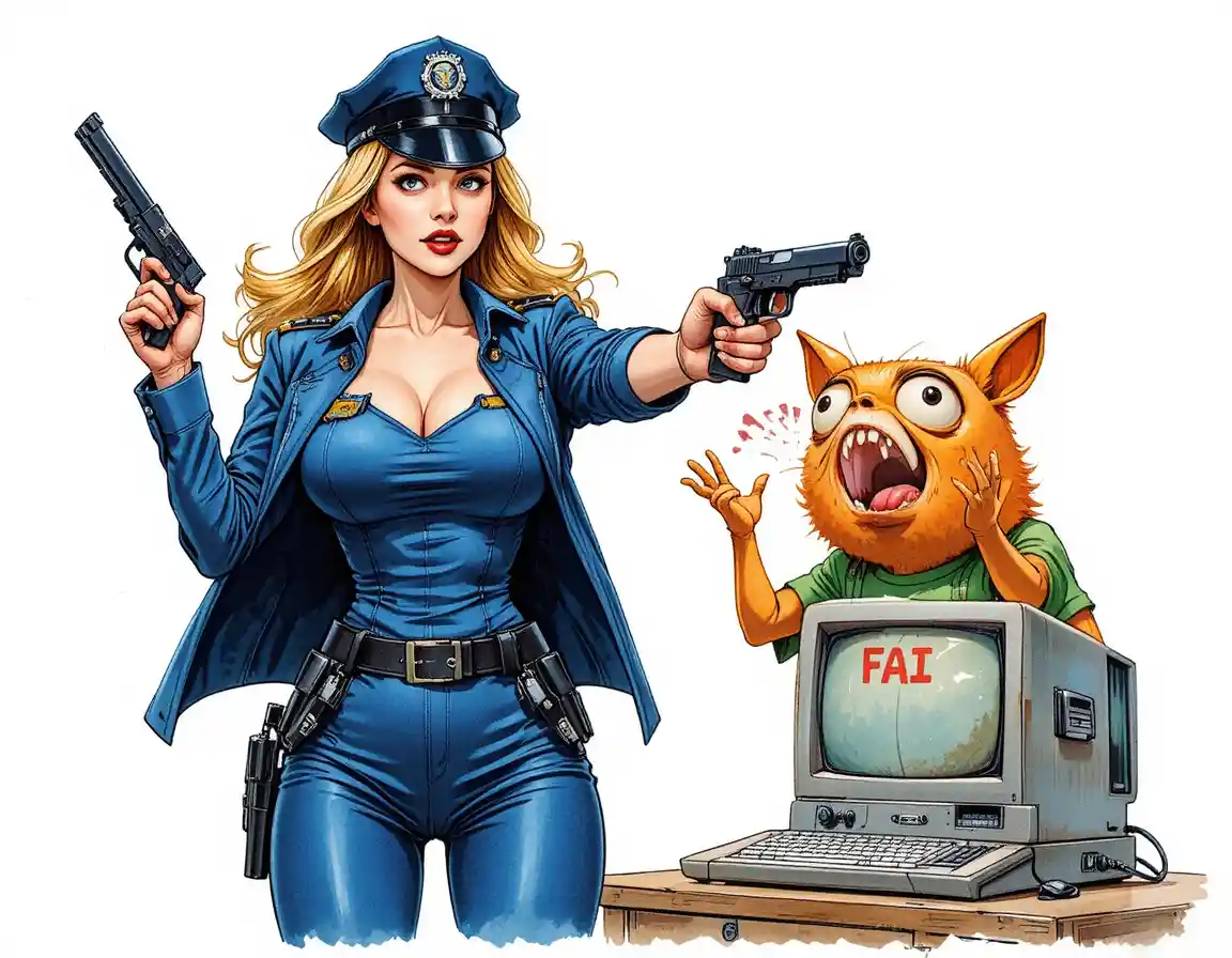 Poliziotta cartoon che punta la pistola a un orso dei cartoni spaventato