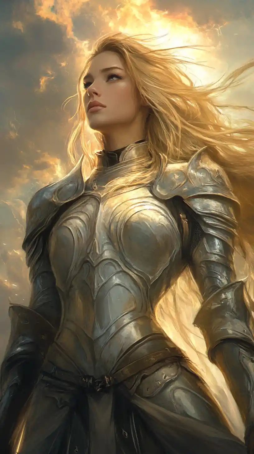 Heroic armored woman gazing toward radiant divine sky