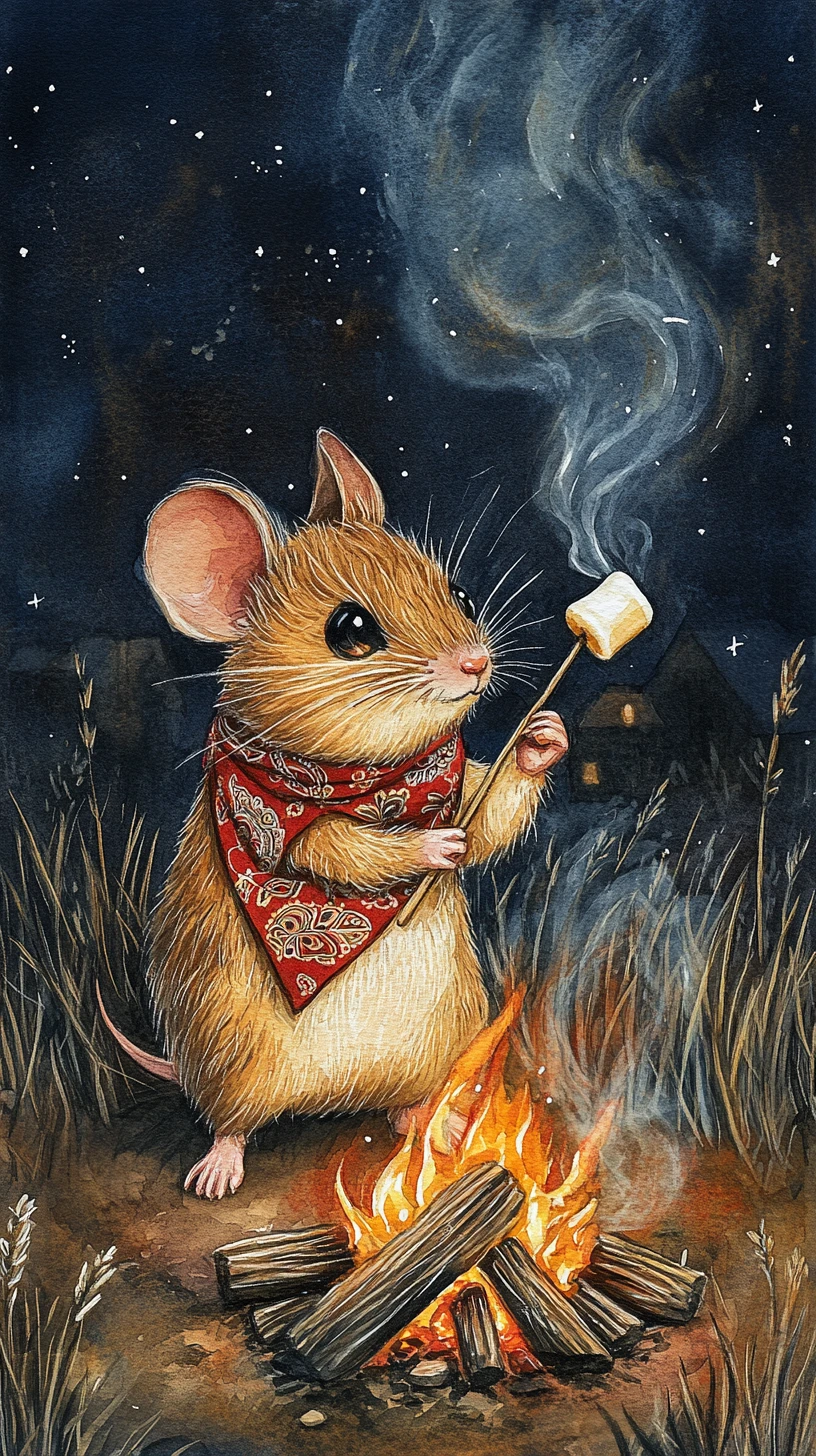 Watercolor mouse roasting marshmallows by a tiny campfire
