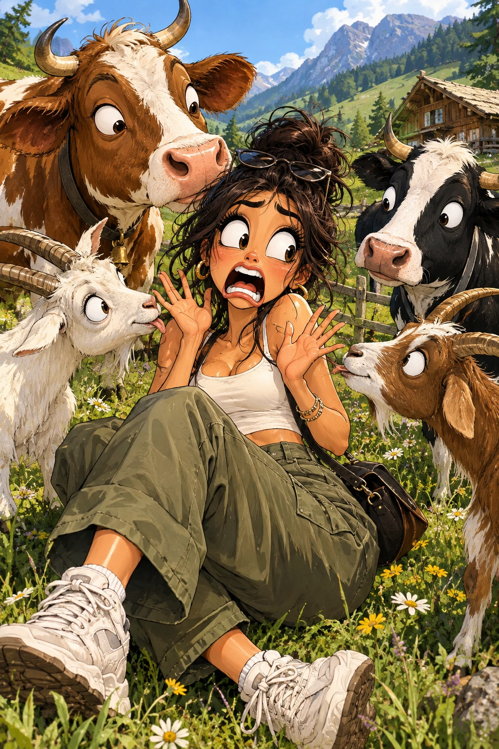 Fashionable cartoon girl scared in colorful countryside