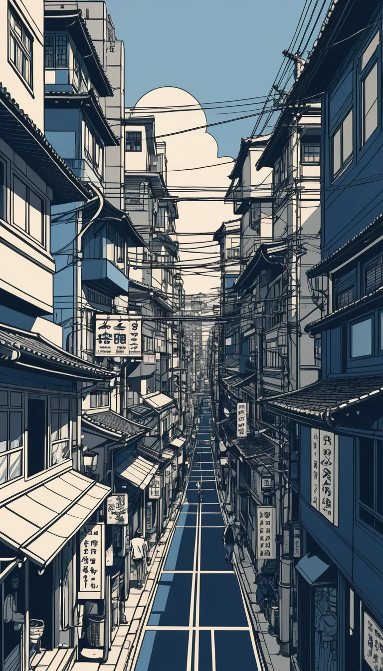Stylized Japanese city street in dense vertical urban view