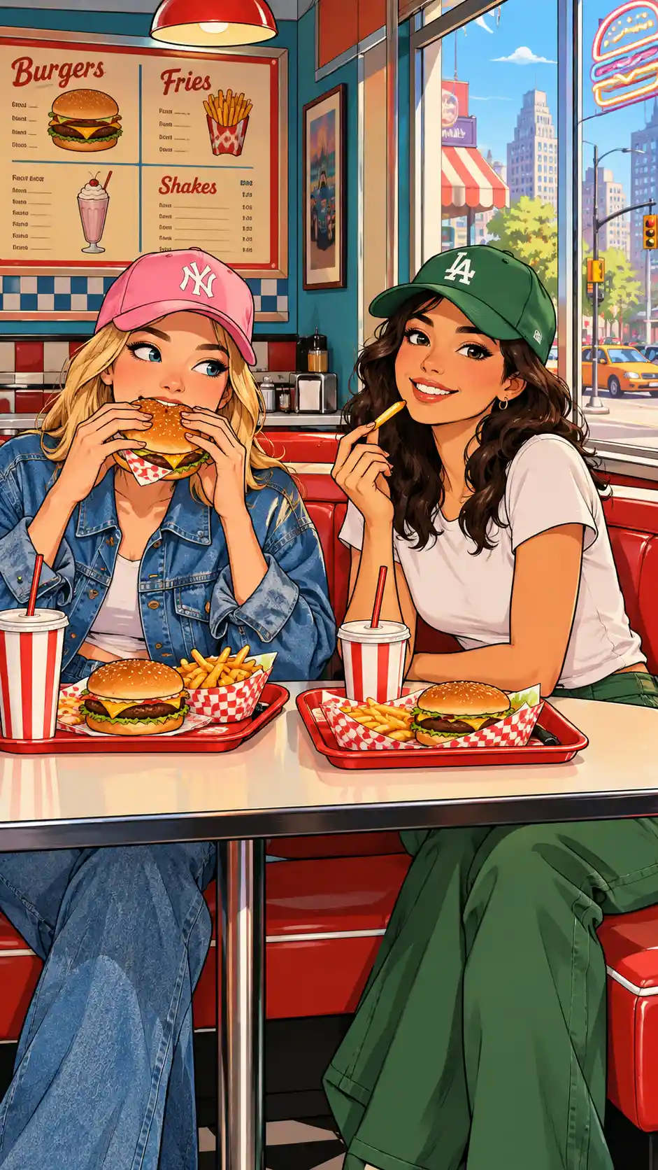 Due amiche mangiano hamburger in una colorata tavola calda retrò