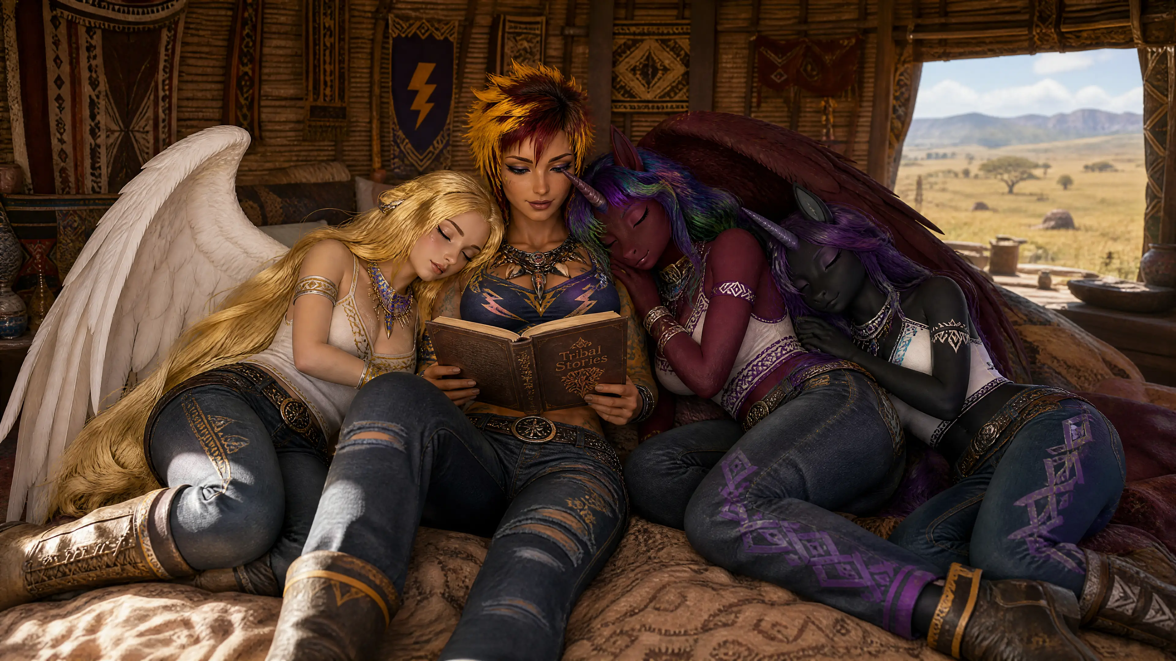 Fantasyfrauen ruhen gemeinsam in einer Stammeshütte