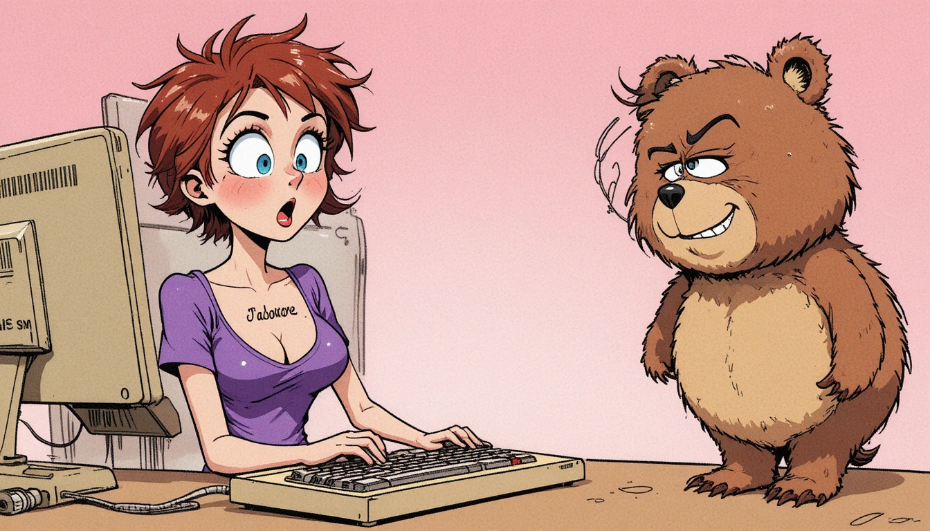 Mujer sorprendida escribiendo en el ordenador con un oso caricaturesco travieso
