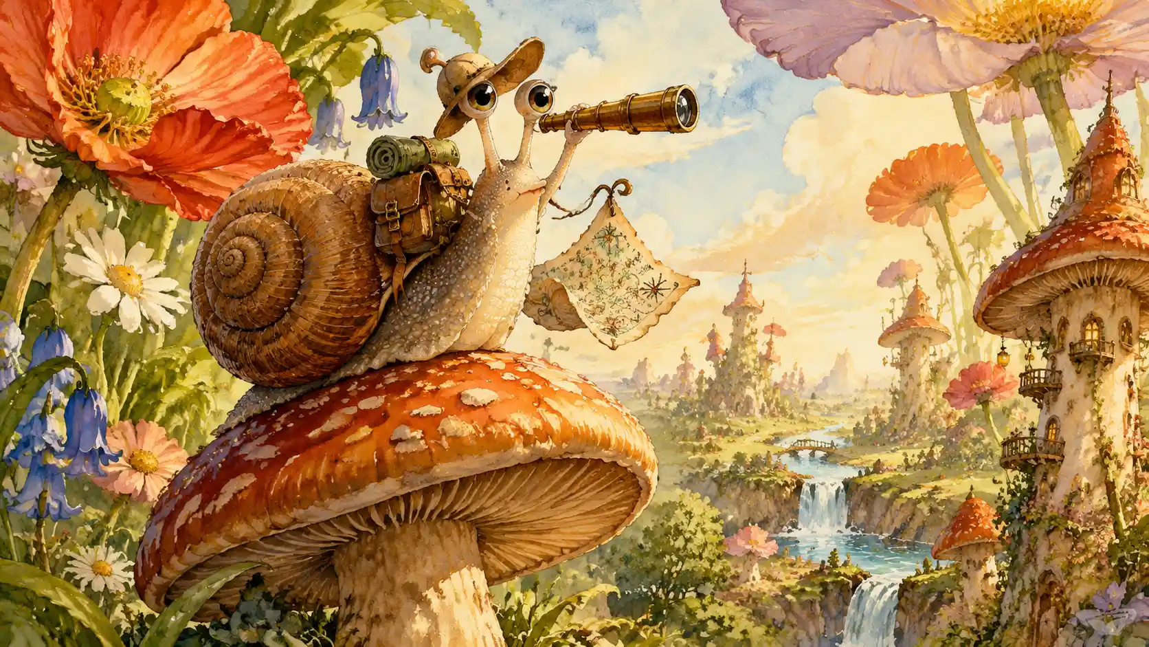 Snail Explorer Standing On Mushroom With Tiny Telescope
