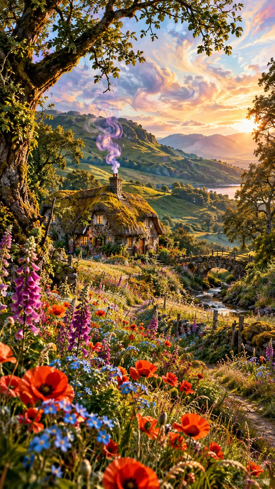 Verspieltes Aquarellhäuschen zwischen sanften Hügeln und Blumen