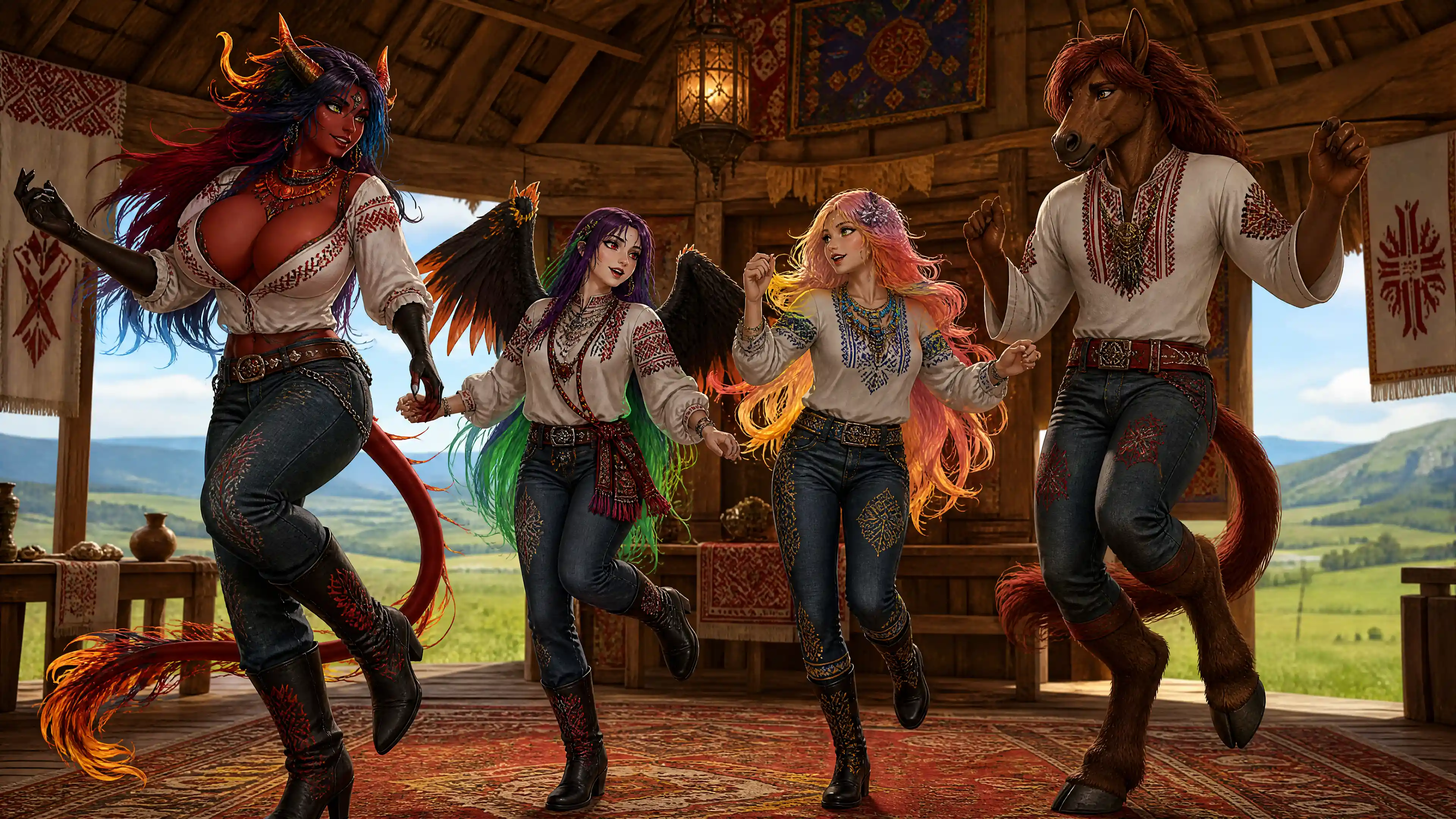 Fantasypartner tanzen gemeinsam in einer Stammeshütte auf der Grassteppe