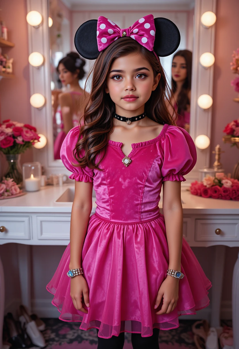 Niño preadolescente con disfraz de princesa Minnie en tocador rosa