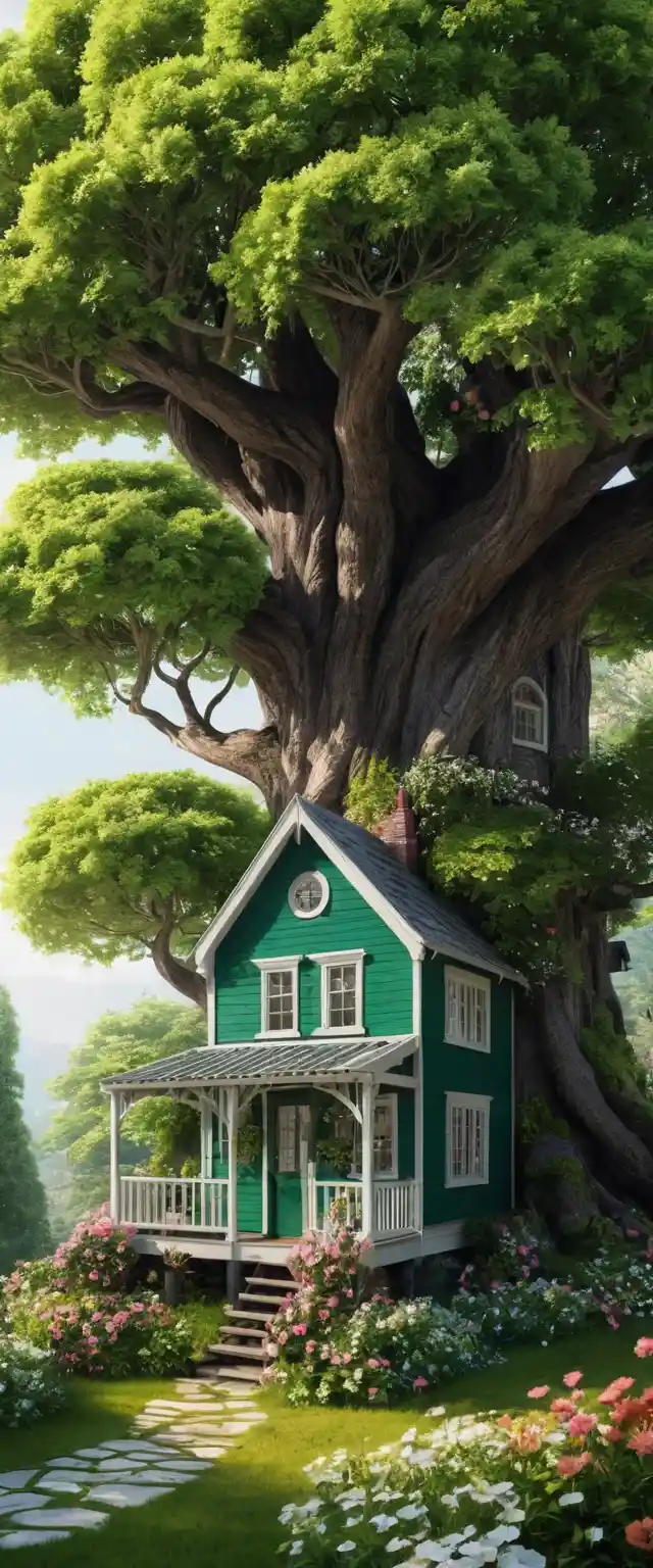 Tiny green house with tree in a magical garden
