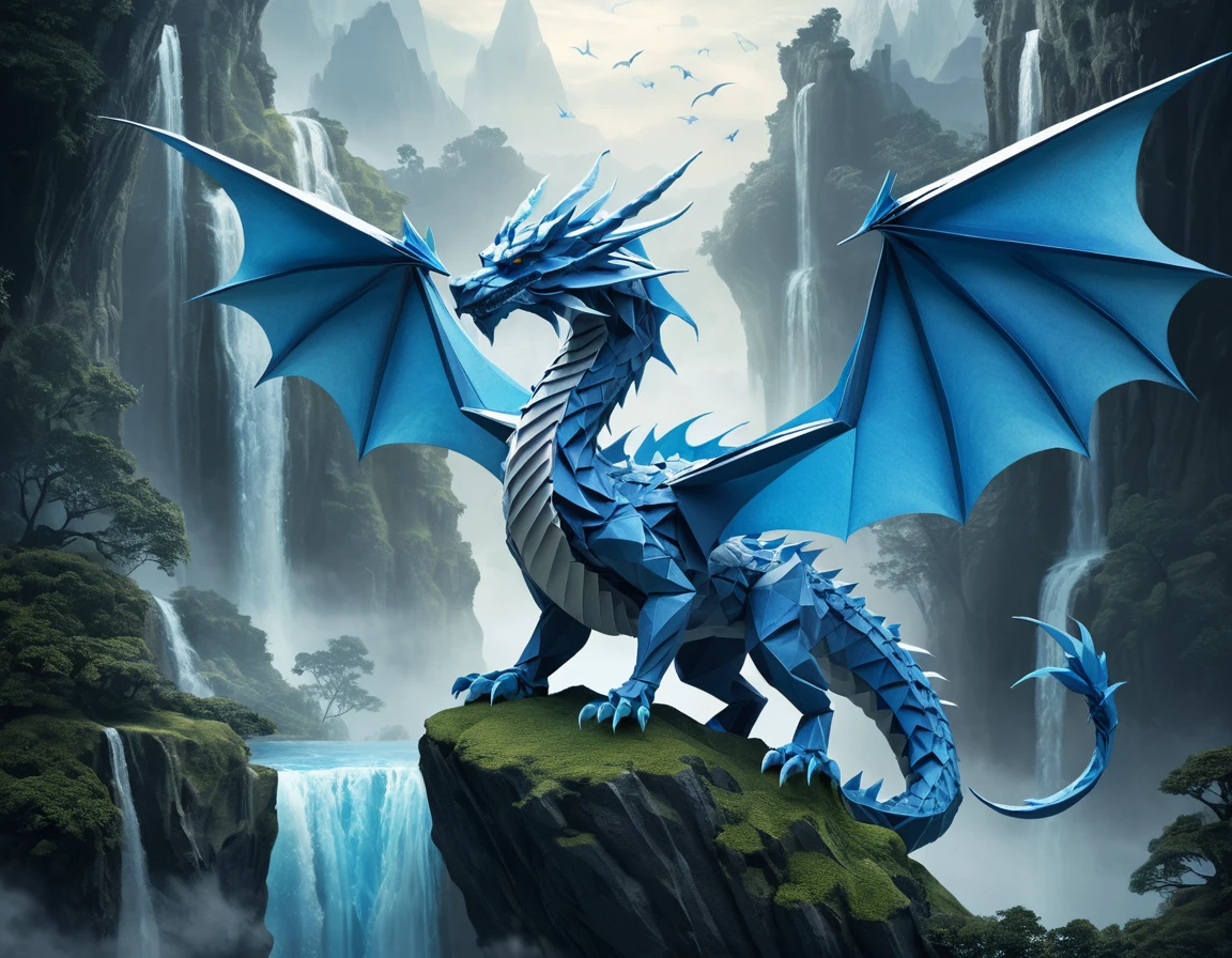 Dragon bleu en origami volant au‑dessus d’îles flottantes embrumées
