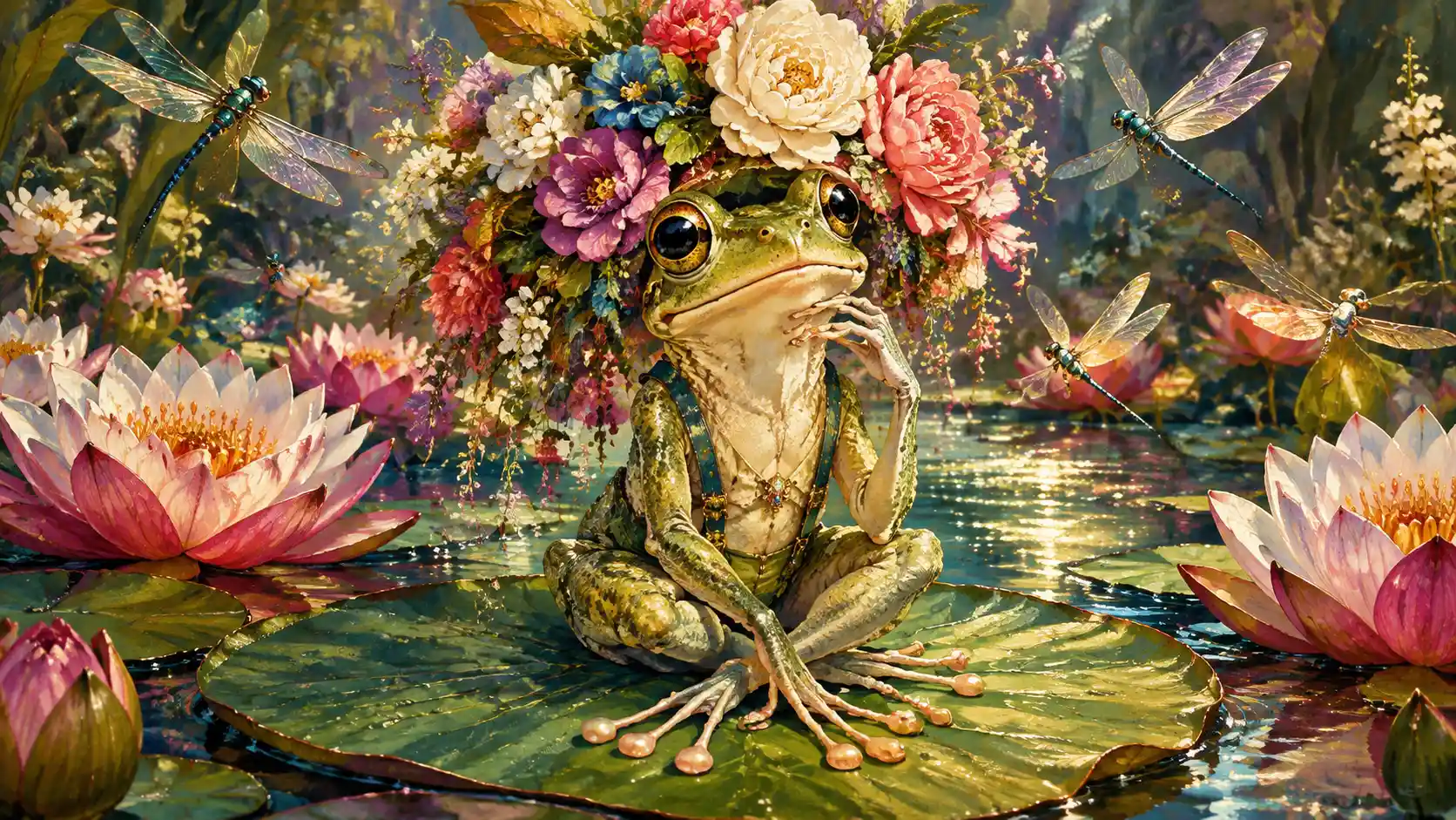 Eleganter Frosch auf Seerosenblatt mit übergroßer Blumenkronen