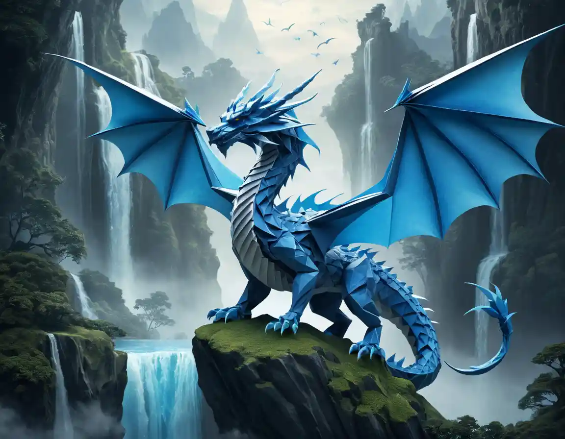 Dragon bleu en origami volant au‑dessus d’îles flottantes embrumées