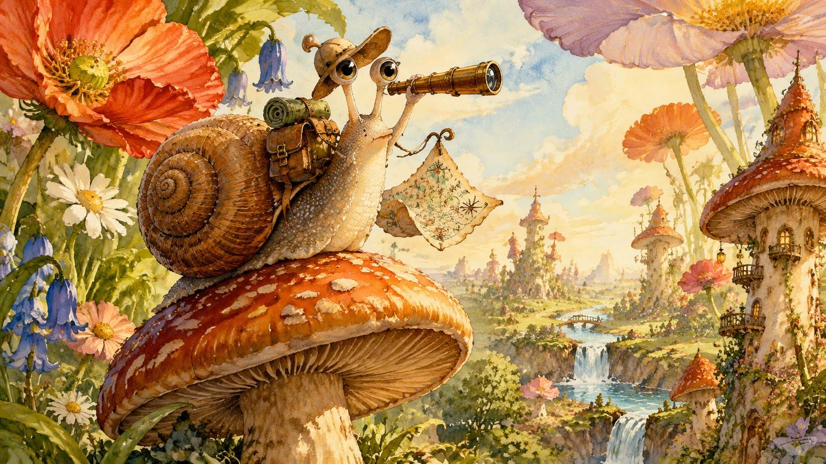 Snail Explorer Standing On Mushroom With Tiny Telescope