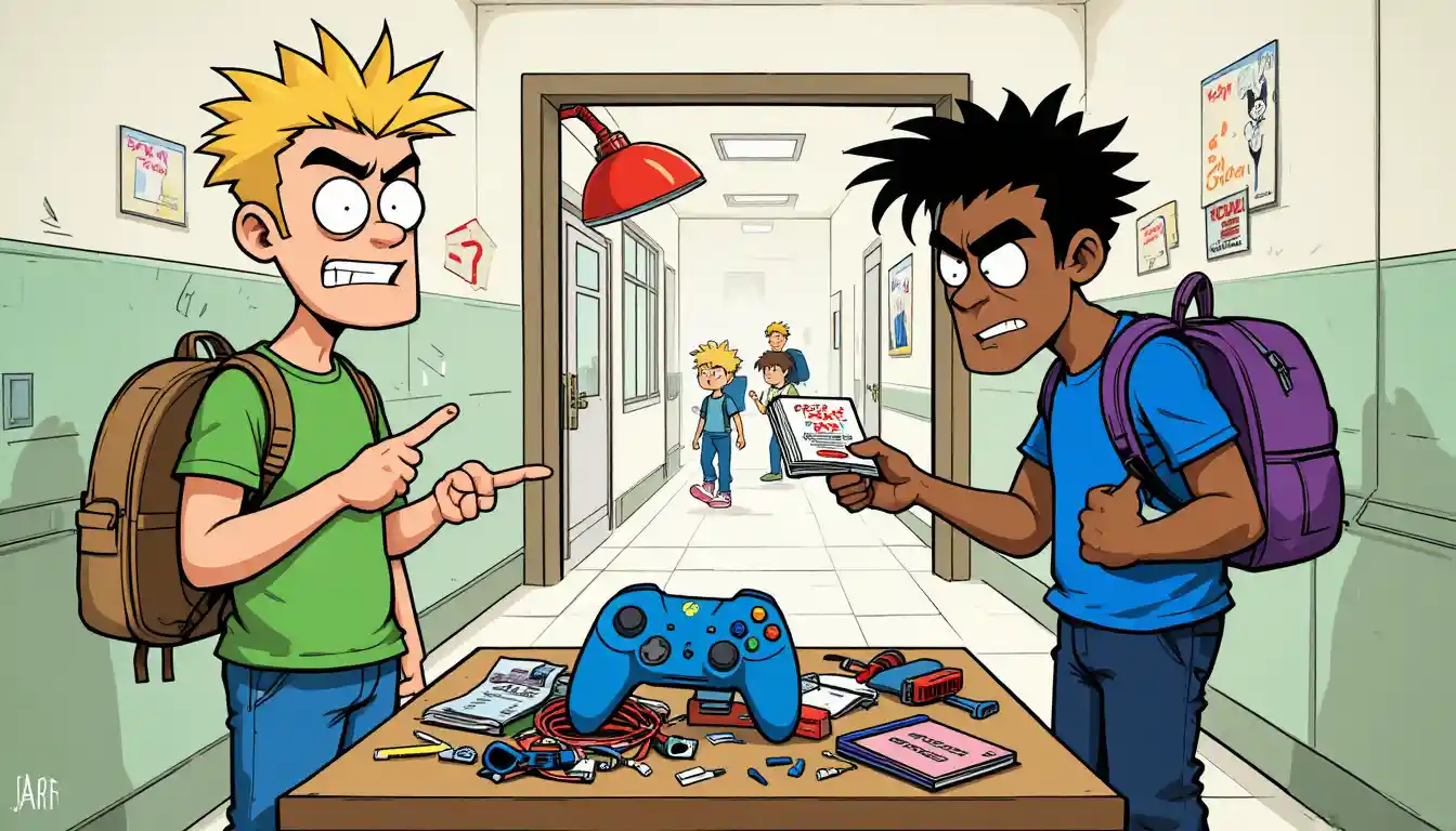 Cartoon di due uomini che riparano un controller di gioco su un banco ingombro