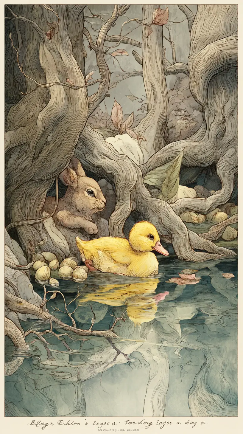 Étang de forêt fantastique avec canard jaune et lapin brun