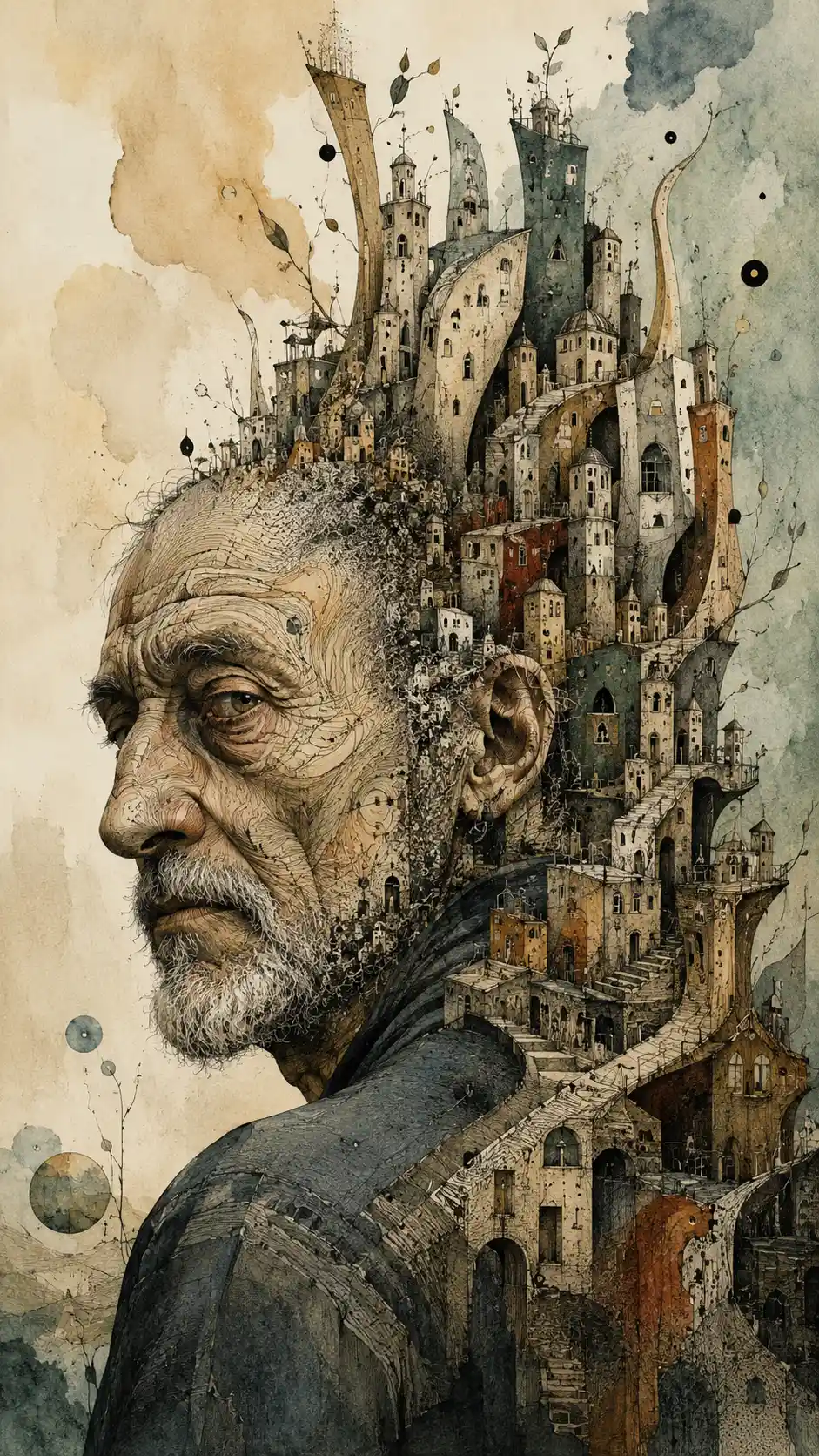 Surreal portrait of an older man with a growing cityscape