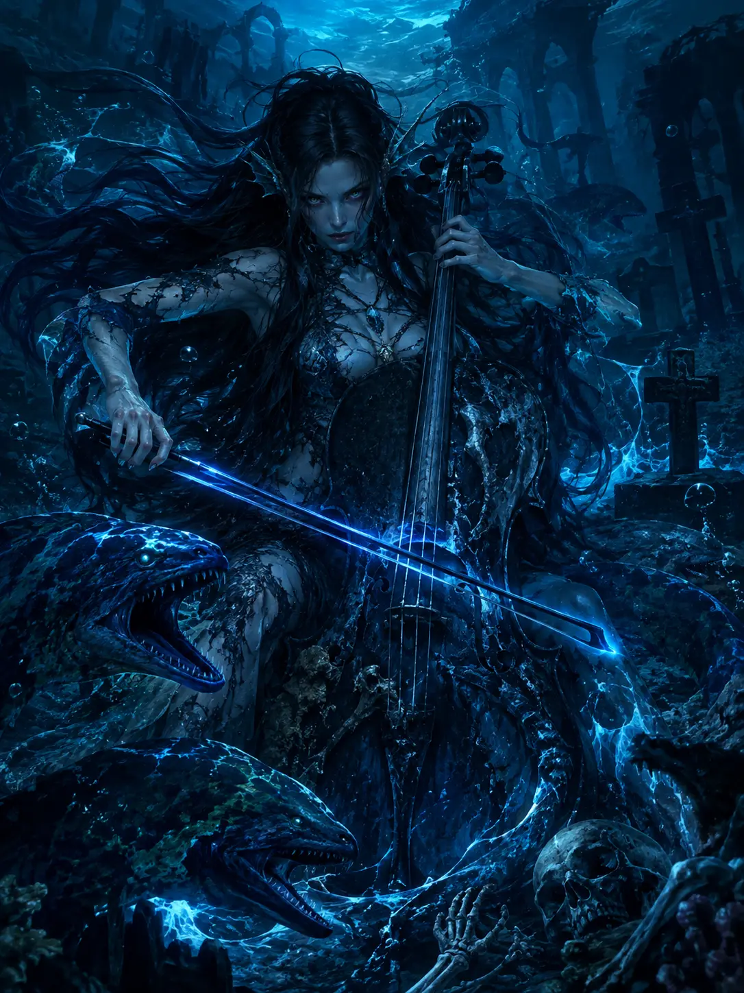 Siren woman playing cello in an eerie underwater graveyard