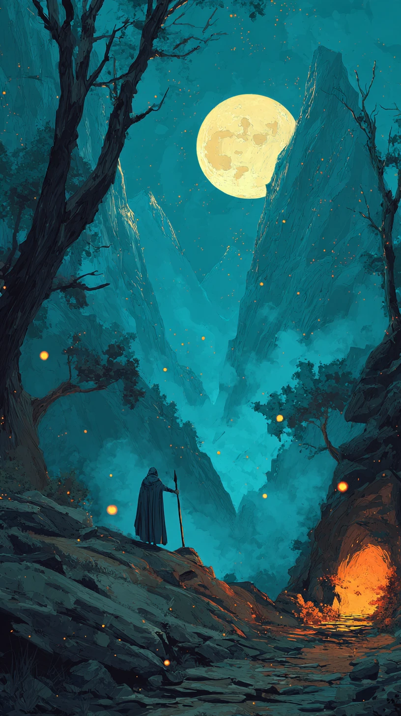 Cloaked traveler crossing a moonlit fantasy mountain valley