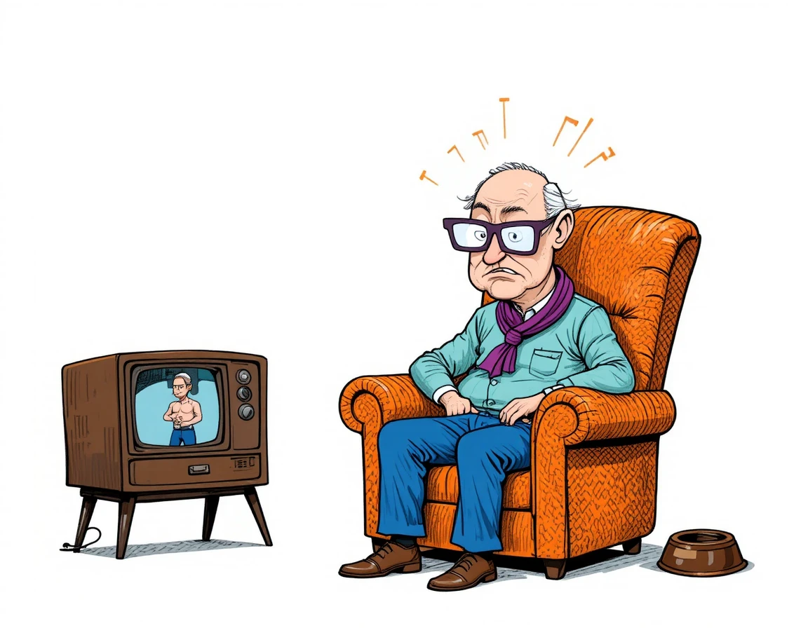 Frustrated elderly man in chair watching muscular man on TV