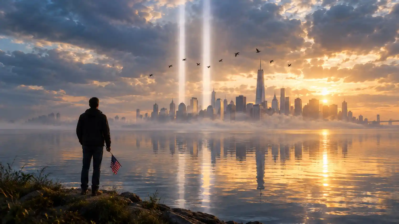 Figura solitaria sul fiume all’alba di fronte alle luci nebbiose della città
