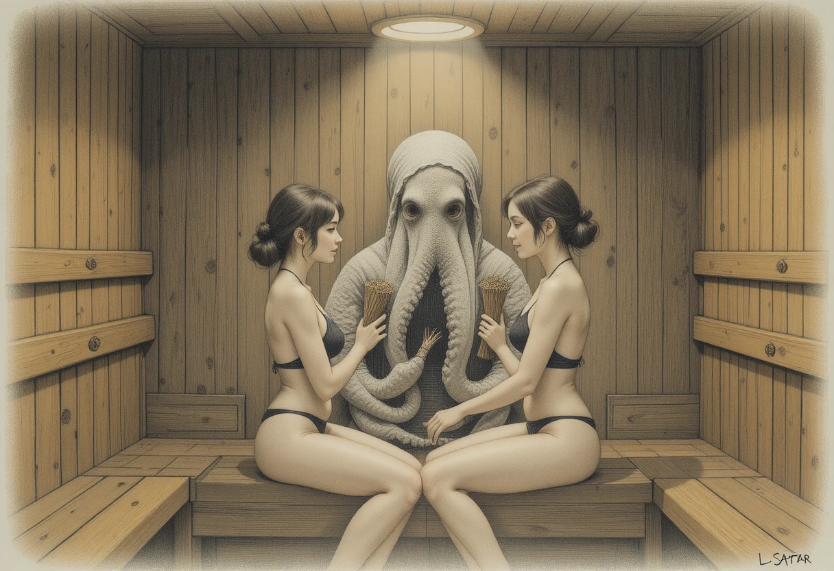 Zwei Mädchen entspannen in einer surrealen Sauna-Zeichnung