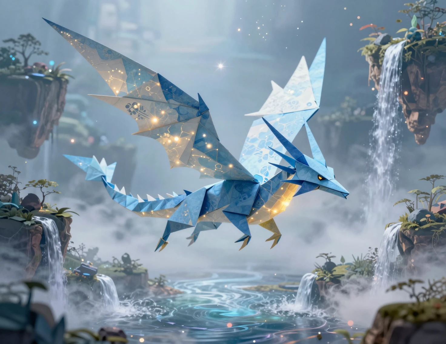 Dragon bleu en origami planant au-dessus d’îles flottantes brumeuses