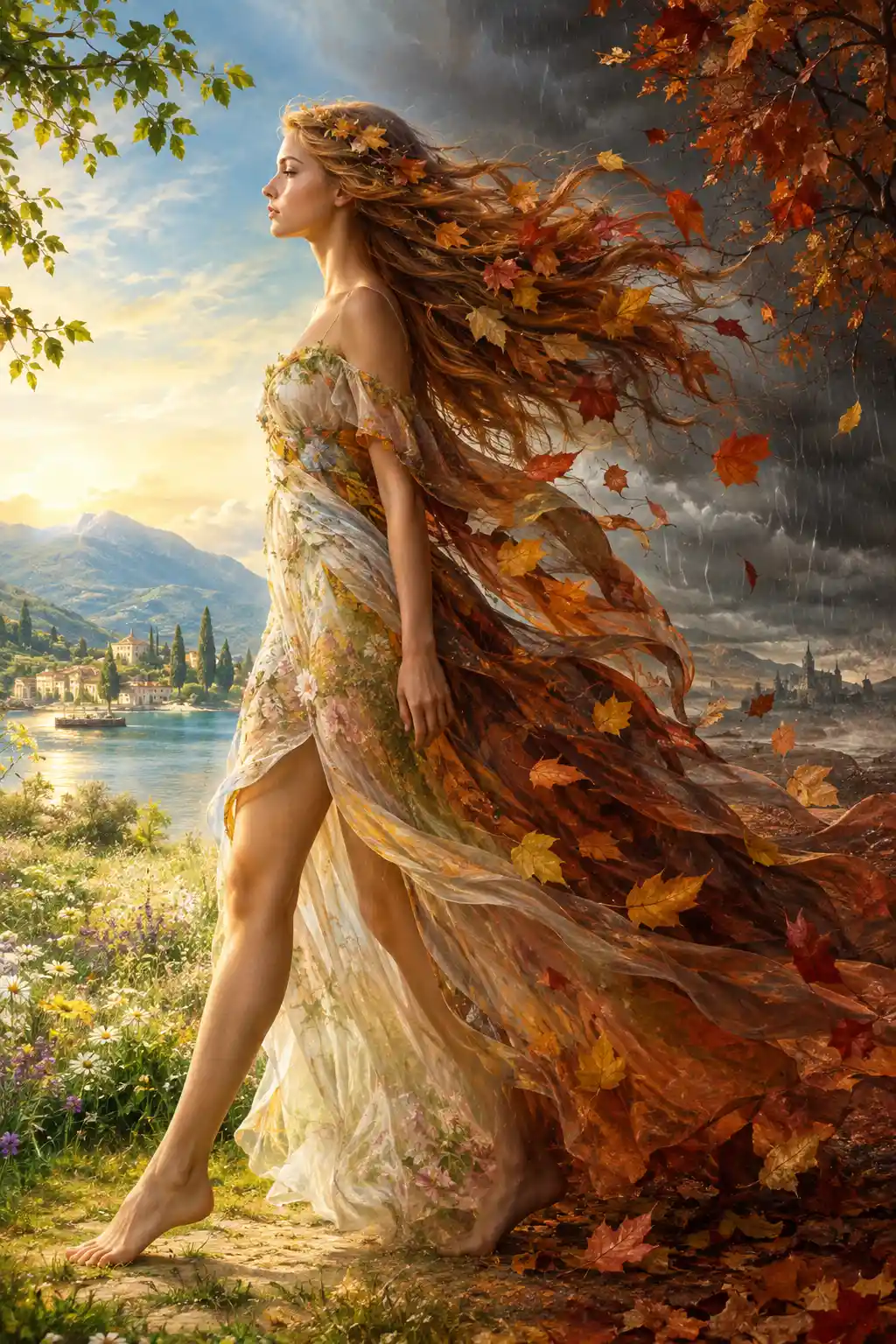 Femme incarnant l’automne marchant dans un paysage en transformation
