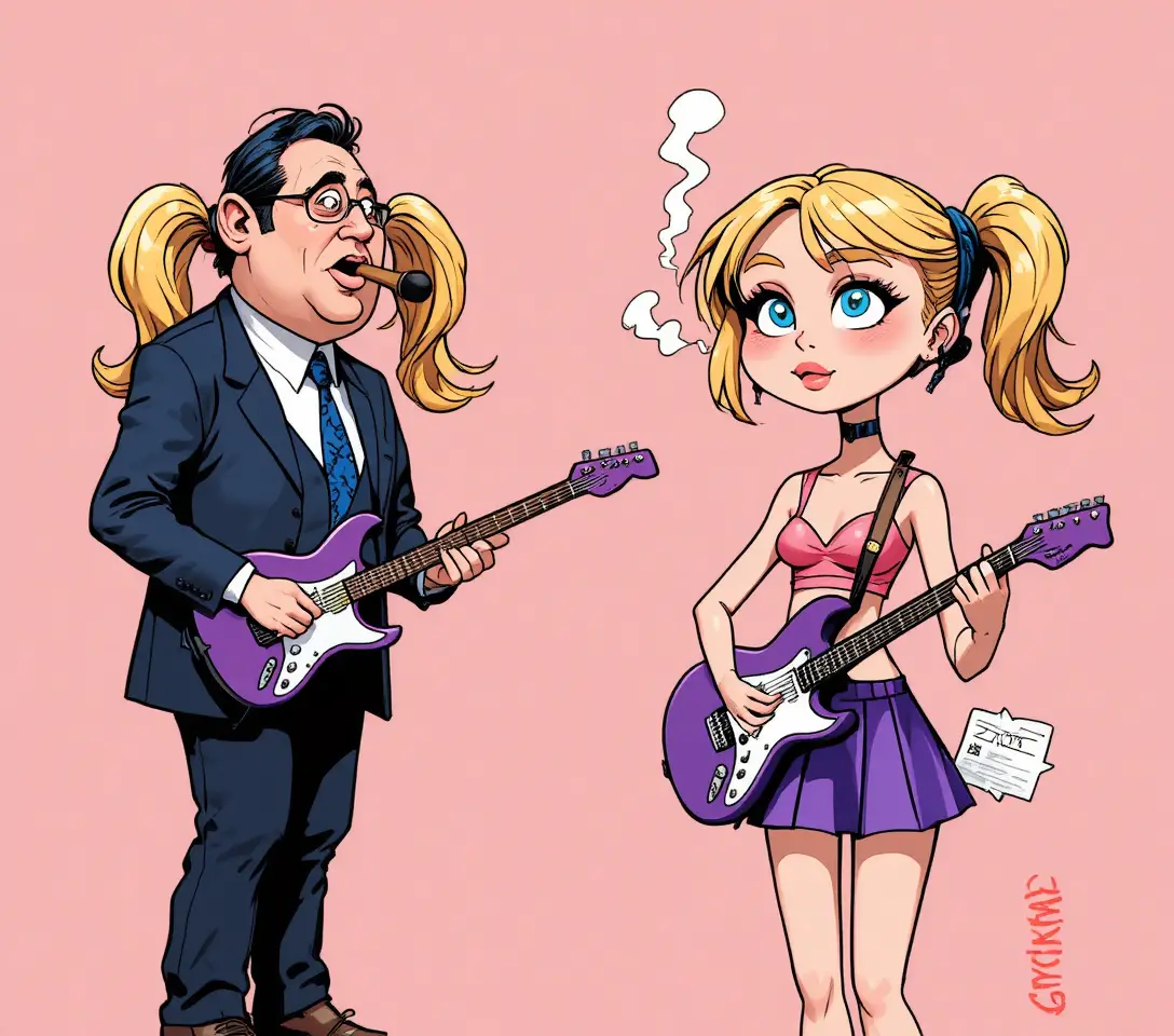 Cartoon girl guitarist with businessman holding contract