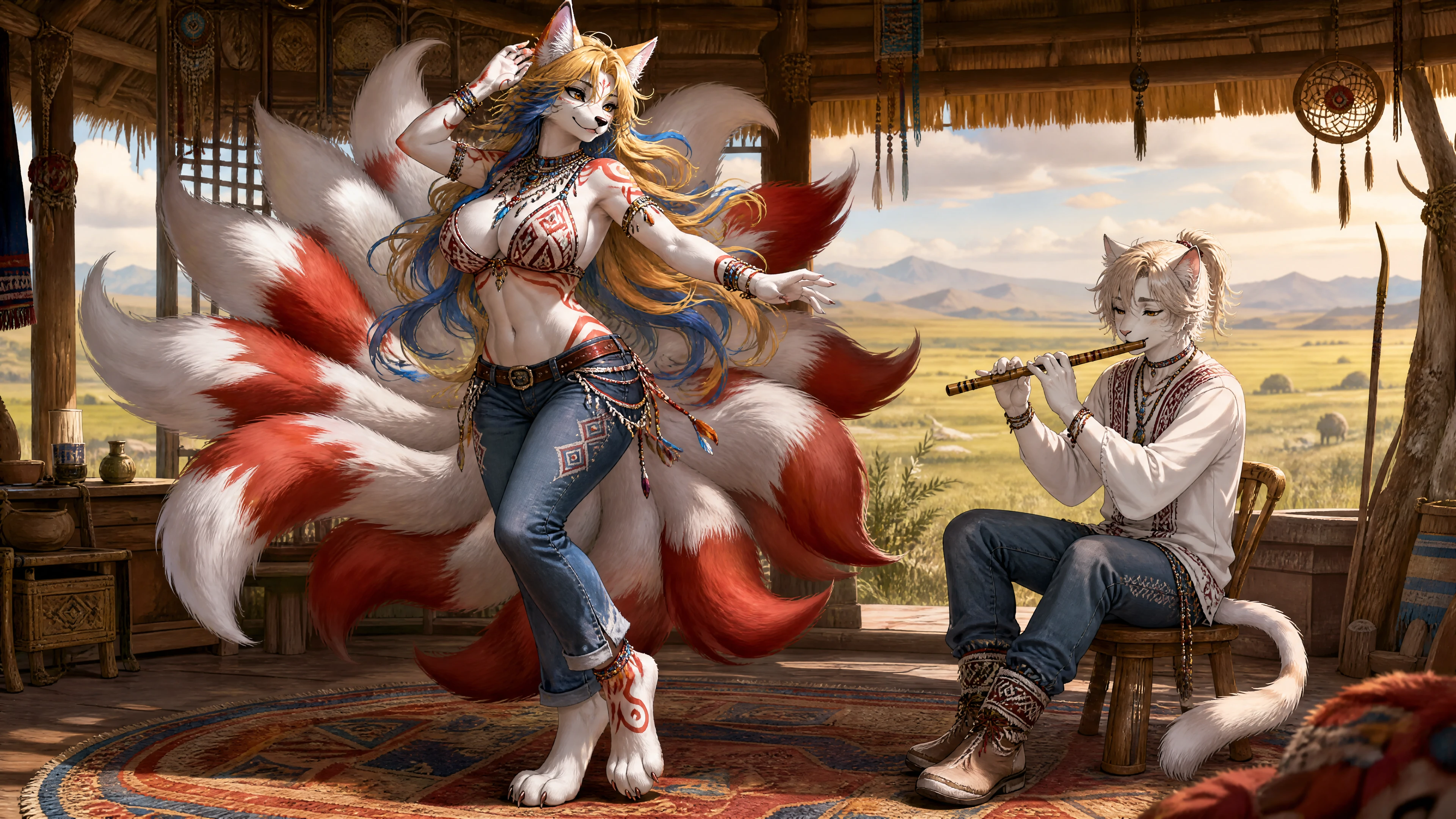 Nine tailed kitsune woman dancing on open grassland