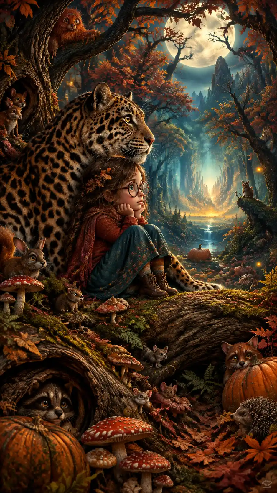 魔法の秋の森の空き地の少女とヒョウ