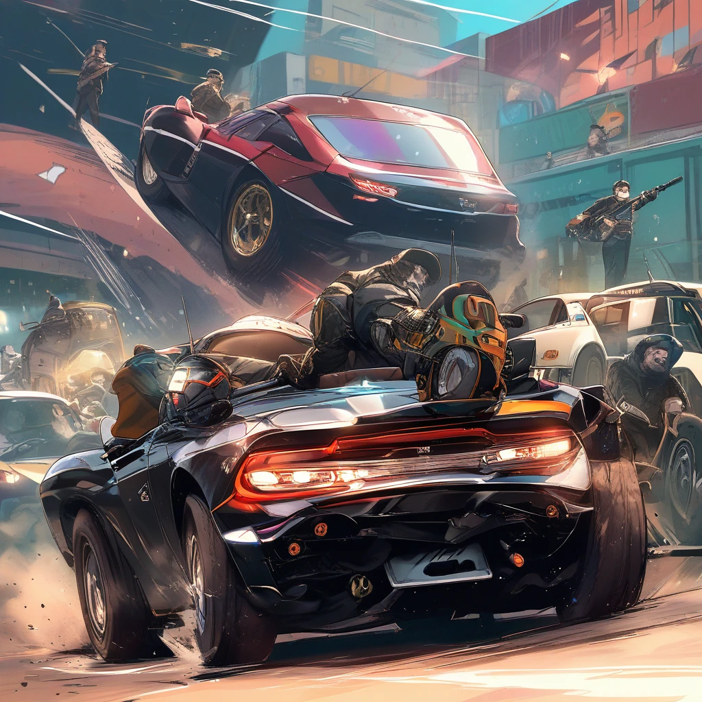 Stunt car soaring mid air in front of a city restaurant