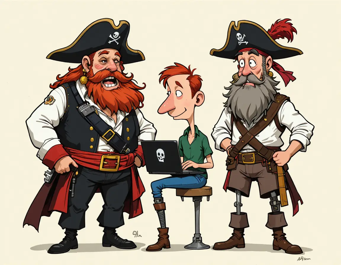 Komisches Piraten-Trio um einen Laptop versammelt