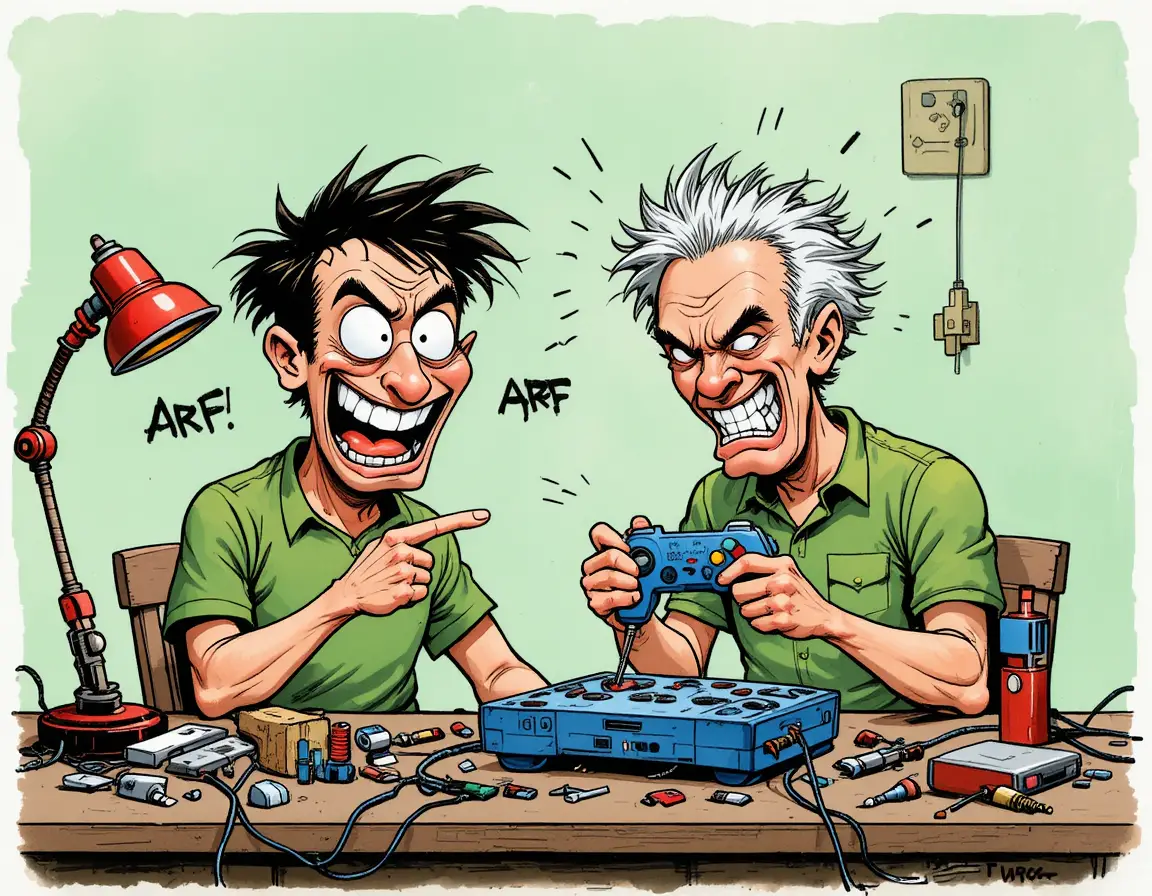 Uomini dei cartoni animati che riparano un controller di gioco a un banco da lavoro disordinato