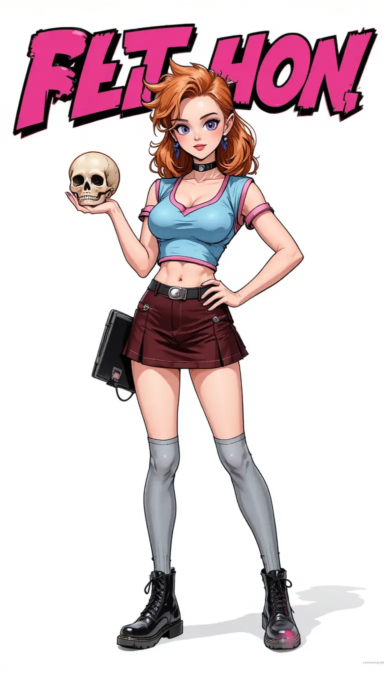 Donna gotica in stile fumetto che tiene un teschio su sfondo bianco