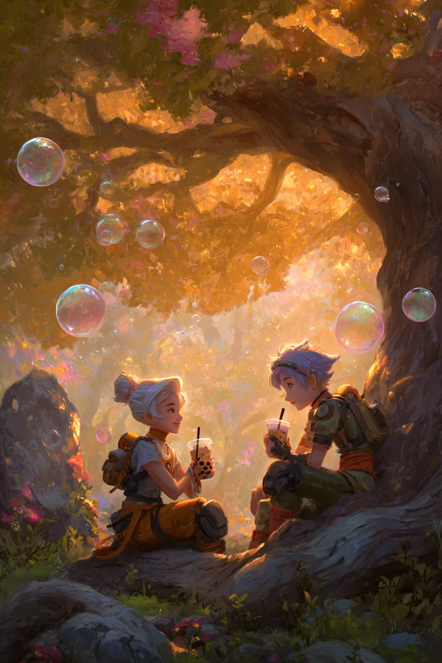 Two friends sharing bubble tea under a blooming tree